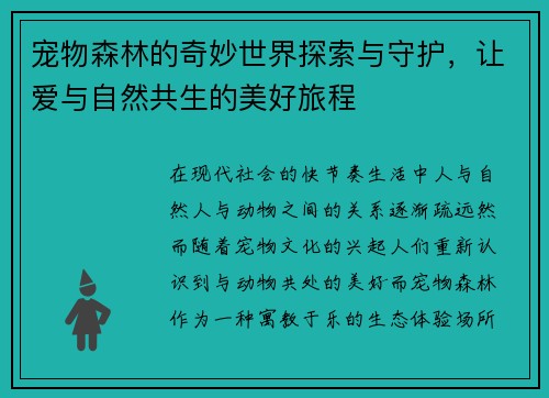 宠物森林的奇妙世界探索与守护，让爱与自然共生的美好旅程