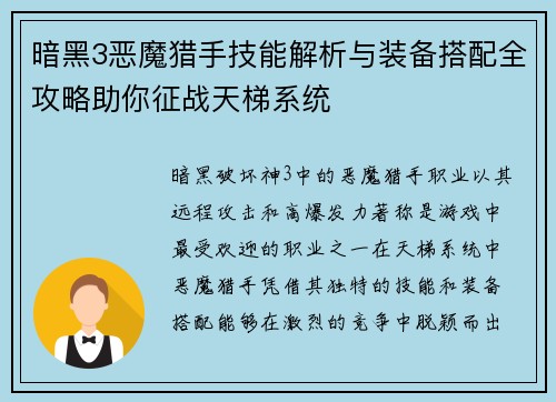 暗黑3恶魔猎手技能解析与装备搭配全攻略助你征战天梯系统